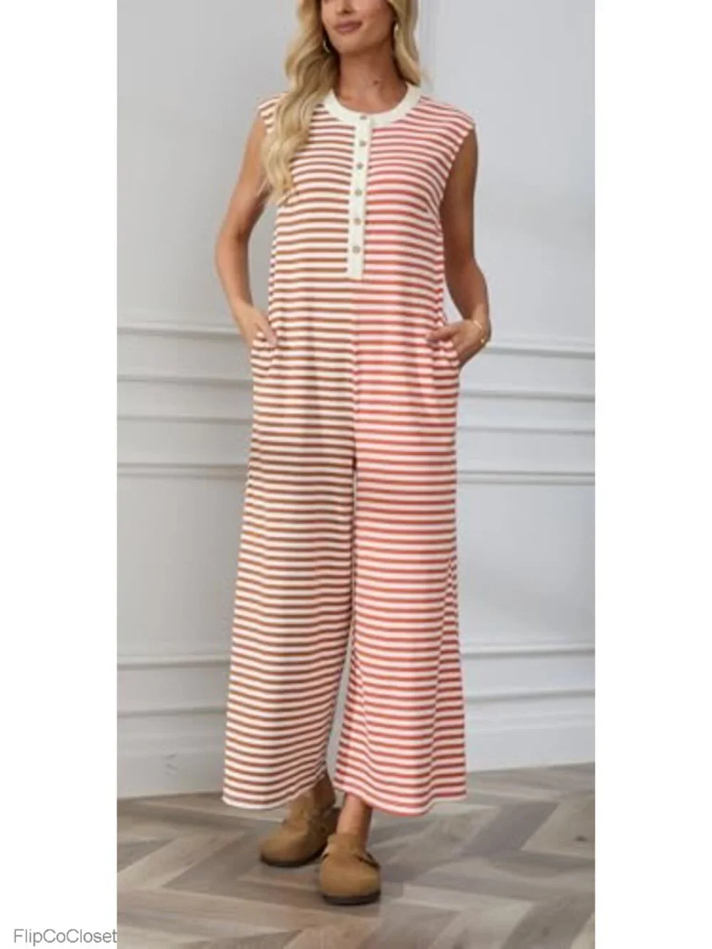Wide Leg Striped Jumpsuit for Women Sleeveless Button Romper Flowy